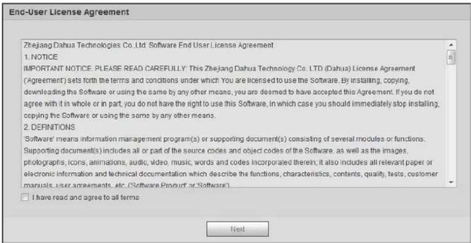 Dahua Technology AI Series DH-IPC-HDW3441TMN-AS - The End-User License Agreement interface is displayed, see Figure 3-2. End-user license agreement Figure 3-2 - 1