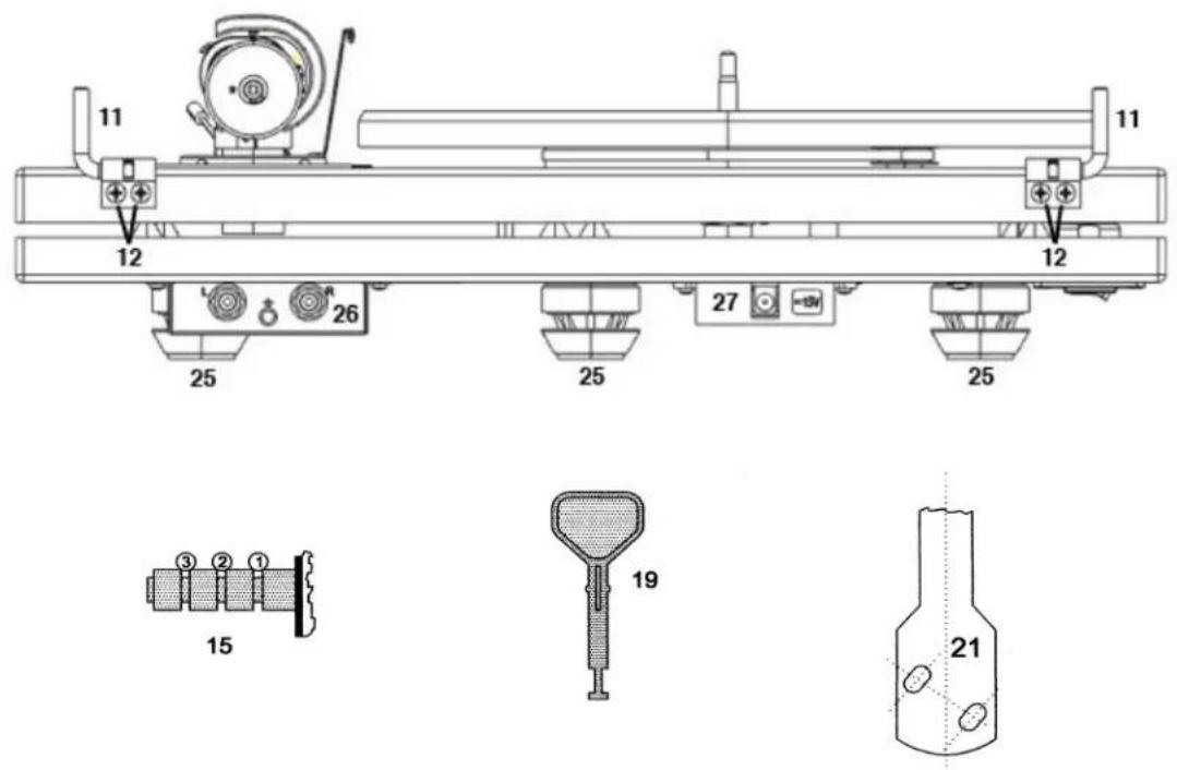 Technical diagram of a mechanical assembly with numbered components and labeled parts, including a 15-pin connector and a 21-pin flask.