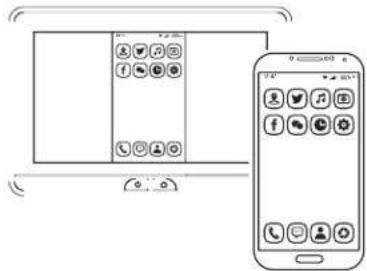 Diagram showing a mobile phone connected to a device with icons for social media and app interfaces.