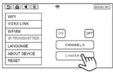 WIFI VOXX LINK WFMM IR TRANSMITTER LANGUAGE ABOUT DEVICE RESET ON OFF CHANNEL A CHANNEL B