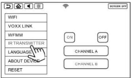 WIFI VOXX LINK WFMM IR TRANSMITTER LANGUAGE ABOUT DEVICE RESET ON OFF CHANNEL A CHANNEL B SCREEN OFF