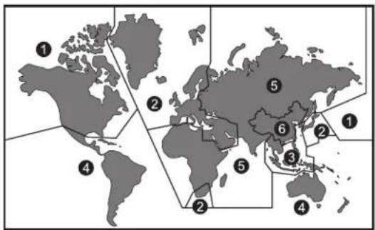 World map with numbered regions highlighting specific countries or regions within Africa and Asia