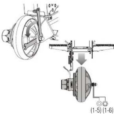 Technical diagram showing mechanical assembly with labeled parts and directional arrows, including section numbers (1-5) and (1-6)