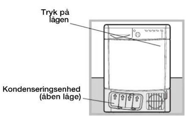 Beholder til opsamling af vand Typeskilt Filter Udluftningsrist Håndtag til kondensatorens låge (træk i håndtaget for at åbne)