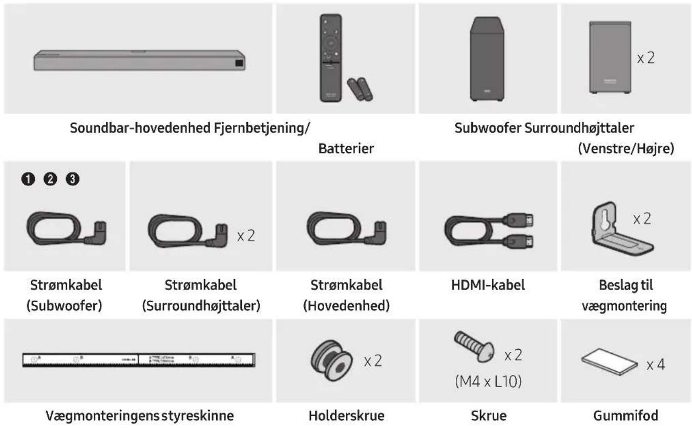 Soundbar-hovedenhed Fjernbetjening/ Batterier Subwoofer Surroundhøjttaler (Venstre/Højre) Strømkabel (Subwoofer) Strømkabel (Surroundhøjttaler) Strømkabel (Hovedenhed) HDMI-kabel Beslag til vægmontering Vægmonteringens styreskinne Holderskrue Skrue Gummifod