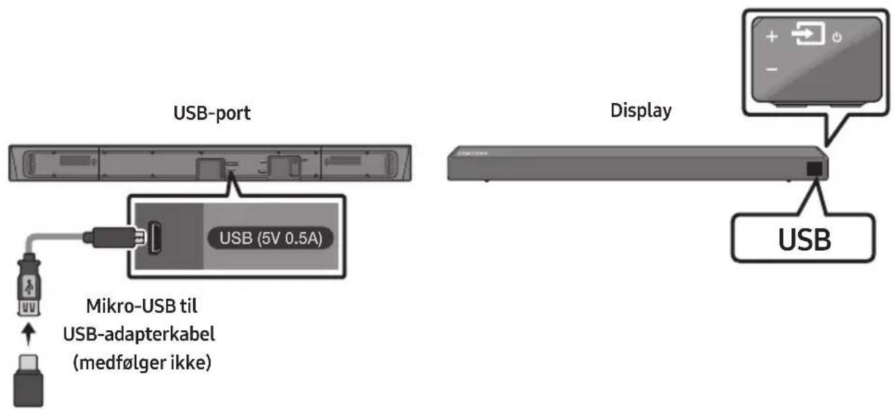 USB-port USB (5V 0.5A) Mikro-USB til USB-adapterkabel (medfølger ikke) Display USB