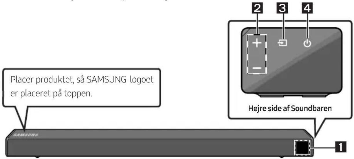 Placer produktet, så SAMSUNG-logoet er placeret på toppen. Højre side af Soundbaren SAMSUNG