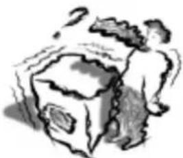 Simple line drawing of a person sitting on a stone block with a question mark above (no text or symbols).