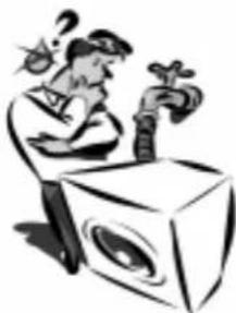 Illustration of a person using a washing machine with a faucet and question mark above their head.