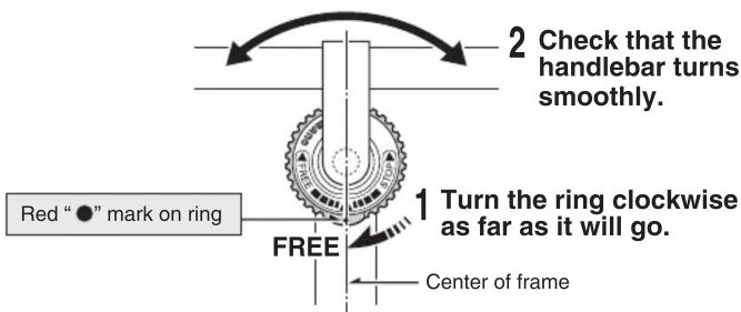 2 Check that the handlebar turns smoothly. 1 Turn the ring clockwise as far as it will go. FREE Red "●" mark on ring Center of frame