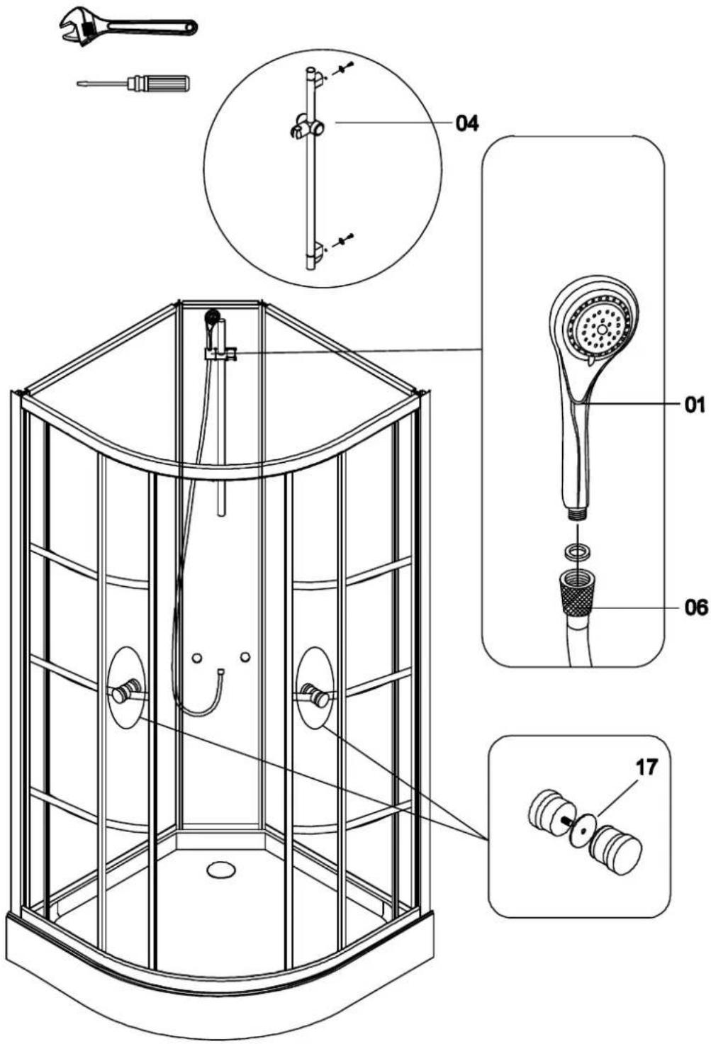 Technical diagram of a shower pool enclosure with labeled parts and exploded views