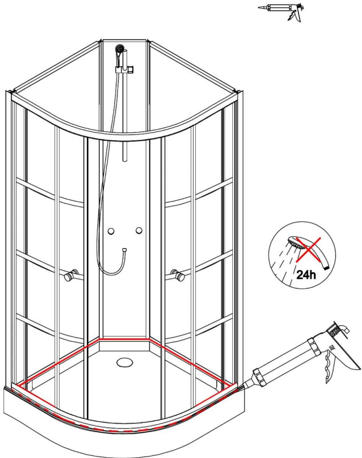 Technical diagram of a shower enclosure with spray gun, showing component layout and time indicator (24h)