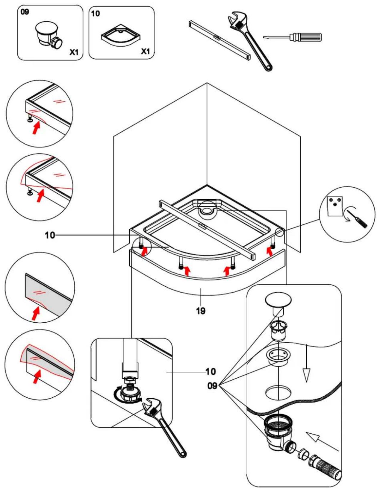 Technical diagram illustrating the assembly of a mechanical component with numbered parts and tool tips, including disassembled parts and assembly instructions.