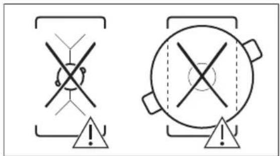 Two safety warning symbols: crossed-out cross symbol and circular warning symbol with exclamation mark