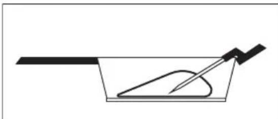 Simple line drawing of a container with a handle and a pointed tool inside, no text or symbols present.