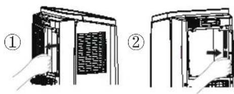 Diagram showing two steps of a device interior with labeled parts, including a grid chamber and directional arrows indicating movement.