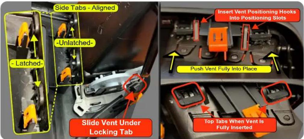 Side Tabs - Aligned -Unlatched- -Latched- Slide Vent Under Locking Tab Insert Vent Positioning Hooks Into Positioning Slots Push Vent Fully Into Place Top Tabs When Vent Is Fully Inserted