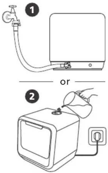 Diagram showing two steps of a water heater installation: first with faucet, second with container pouring liquid into a power outlet.