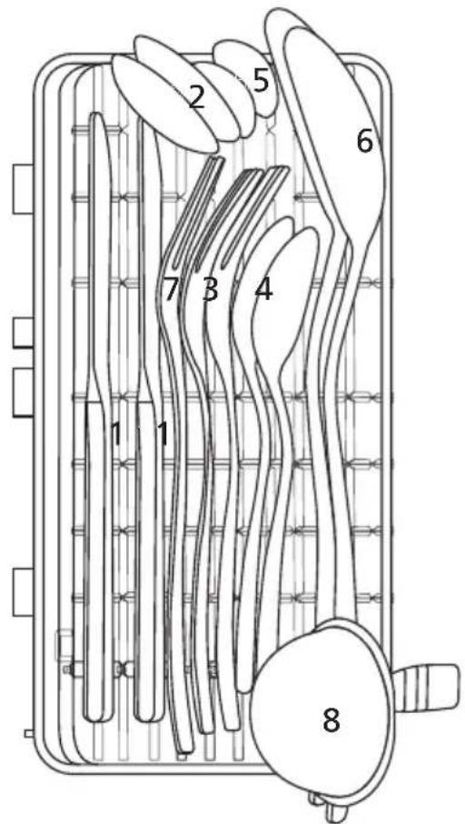 Technical diagram of a multi-section mechanical or electrical component with numbered parts labeled 1 through 8.