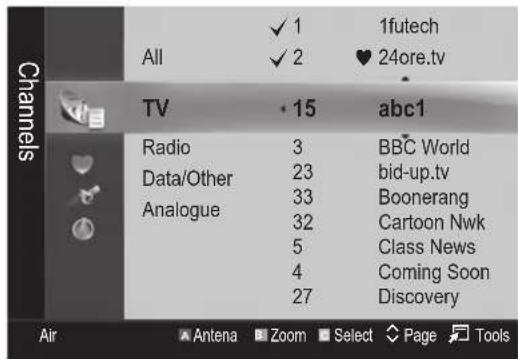 All ✓ 1 ✓ 2 1futech ♥ 24ore.tv TV • 15 abc1 Radio 3 BBC World Data/Other 23 bid-up.tv Analogue 33 Boonerang 32 Cartoon Nwk 5 Class News 4 Coming Soon 27 Discovery Air Antena Zoom Select Page Tools