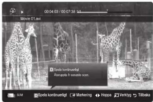 00:04:03 / 00:07:38 1/1 Movie 01.avi D Spela kontinuerligt Atoruppta fir sonaste scen. SUM D Spela kontinuerligt ▶ Markering ◄ Hoppa ▶ Verktyg ▶ Tillbaka