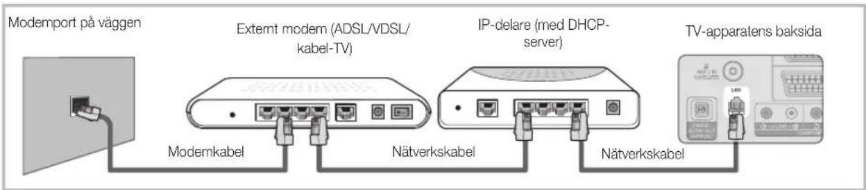 Modemport på väggen Extermt modem (ADSL/VDSL/ kabel-TV) IP-delare (med DHCP- server) TV-apparatens baksida Modemkabel Nätverkskabel Nätverkskabel