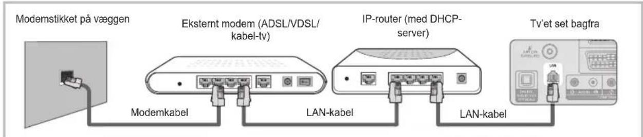 Modemstikket på væggen Eksternt modem (ADSL/VDSL/ kabel-tv) IP-router (med DHCP- server) Modernkabel LAN-kabel LAN-kabel Tv'et set bagfra
