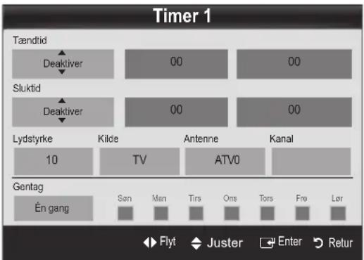 Timer 1 Tændtid Deaktiver 00 00 Sluktid Deaktiver 00 00 Lydstyrke Kilde Antenne Kanal 10 TV ATV0 Gentag Én gang San Män Tirs Ons Tors Fre Lør Flyt Juster Enter Retur