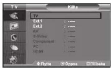 TV Källa TV Ext.1 Ext.2 AV B-Vista Complasmati PC HDMI Flytta Oppna Tilbuka