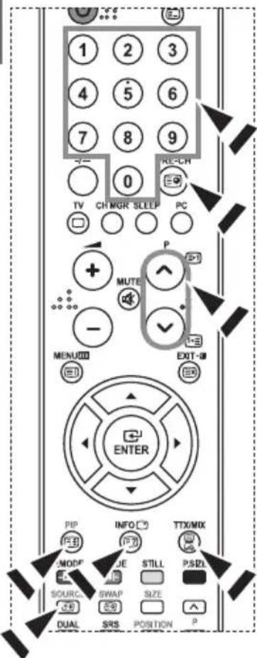 1 2 3 4 5 6 7 8 9 0 TV CH MGR SLEEP PC MUTE - MENU EXIT ENTER PIP INFO TTX/MIX MODF STILL PSDL SOURCE SWAP SIZE DUAL SRS POSITION P
