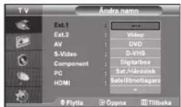 T V Andra namn Ext.1 Ext.2 AV S-Video Component PC HOMI Video DVD D-VHS Digitalbox Sat./Hardock Satell/metagars Flytla Oppna Tillbaka