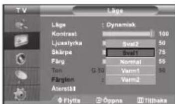 TV Lluge Dynamisk Komirast 100 Ljusstyrka Sval2 50 Skarpa Sval1 75 Farg Normal 55 Ton G 50 Varm1 56 Fargion Varm2 Asteräll Flytta Oppna Tilbaka