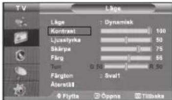 TV LPe Korfrast Ljusltyrka Skärpa Färg Tom Färgton Asteräll Flytta Dynamiak 100 50 75 65 50 Svalt Oppna Tillbaka