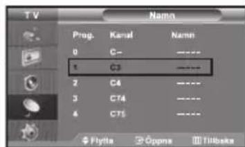 TV Prog. Kanal Namn 0 C- ---- 1 C3 ---- 2 C4 ---- 3 C74 ---- 4 C75 ---- Flylla Opma Tillbaka