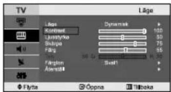 TV Läge Körsseut Ljuslytko Skubja Fårg Fällgion Alessell Dynamisk 100 80 75 65 30 25 100 Flyba Öppna Tilbeka