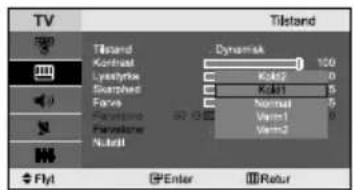 TV Tilstand Kontreal Lyssfikre Swarthed Farve Flavatino Fremstowe Nutfall Dynamisk 100 Kok2 0 Kok1 5 Normal 5 Verm1 0 Verm2 0 Flyt Enter Retur