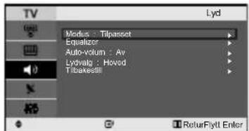 TV Modus : Tilpasset Equalizer Auto-volum : Av Lydvalg : Hoved Tibakeselli Lyd