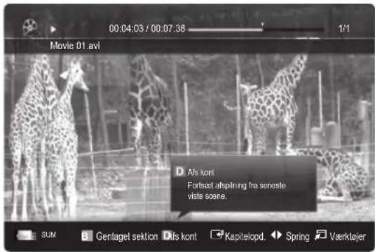00:04:03 / 00:07:38 1/1 Movie 01 avl Afs kont Fortsaat afspiring fra soneste viste scene. SUM Gentaget sektion Afs kont Kapitelopd. Spring Værktosjer
