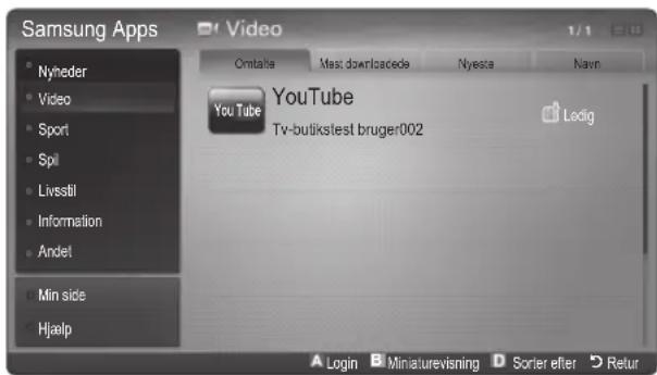 Samsung Apps Nyneder Video Sport Spil Livsstil Information Andet Min side Hjaelp Video Omtalite Mast downloadsede Nyesta Navn YouTube Tv-butikstest bruger002 Ladig Login Miniaturevisning Sorter efter Retur