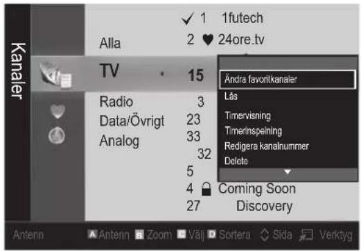 1futech 2 24ore.tv Alla TV 15 Andra favoritkanaler Läs Timevisning Timerinspeining Redigera kanalnummer Delete Radio 3 Data/Övrigt 23 Analog 33 32 5 4 Coming Soon 27 Discovery Antenn Antenn Zoom Välj Sortera Sida Verktyg