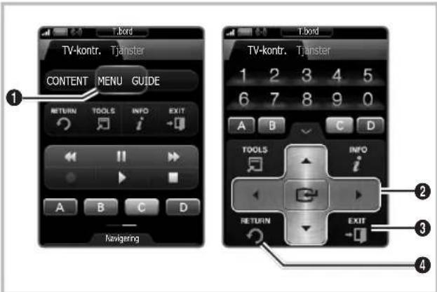 TV-kontr. Tjänster CONTENT MENU GUIDE RETURN TOOLS INFO EXIT A B C D Navigering TV-kontr. Tjänster 1 2 3 4 5 6 7 8 9 0 A B C D TOOLS INFO RETURN EXIT ① ② ③ ④