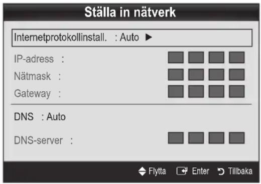 Ställa in nätverk Internetprotokollinstall. : Auto ► IP-adress : Nätmask : Gateway : DNS : Auto DNS-server :