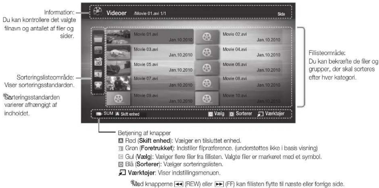 Information: Du kan kontrollere det valgte filnavn og antallet af filer og sider. Sorteringslisteområde: Viser sorteringsstandarden. varierer afhængigt af indholdet. Videoer /Movie 01.avi 1/1 Side Movie 01.avi Jan. 10.2010 Movie 02.avi Jan. 10.2010 Movie 03.avi Jan. 10.2010 Movie 04.avi Jan. 10.2010 Movie 05.avi Jan. 10.2010 Movie 06.avi Jan. 10.2010 Movie 07.avi Jan. 10.2010 Movie 08.avi Jan. 10.2010 Movie 09.avi Jan. 10.2010 Movie 10.avi Jan. 10.2010 SUM Skift enhed Vælg Sorterer Værktojer Betjening af knapper Rød (Skift enhed): Vælger en tilsluttet enhed. Gron (Foretrukket): Indstiller filpræference. (understottes ikke i basis visning) Gul (Vælg): Vælger flere filer fra fillisten. Valgte filer er markeret med et symbol. Blå (Sorterer): Vælger sorteringslisten. Værktojer: Viser indstillingsmenuen. Med knapperne (REW) eller (FF) kan fillisten flytte til næste eller forrige side.