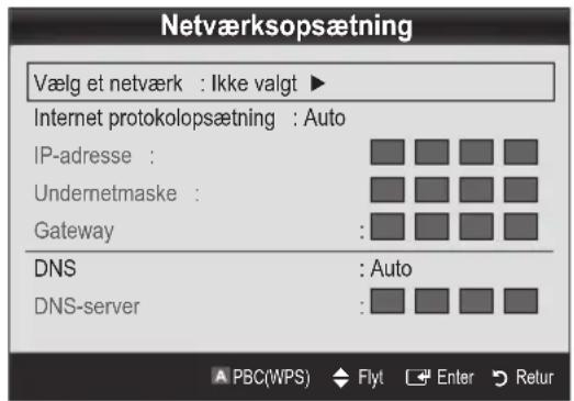 Netværksopsætning Vælg et netværk : Ikke valgt ▶ Internet protokolopsætning : Auto IP-adresse : Undernetmaske : Gateway : DNS : Auto DNS-server :