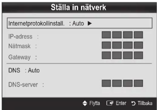 Ställa in nätverk Internetprotokollinstall. : Auto ► IP-adress : Nätmask : Gateway : DNS : Auto DNS-server :