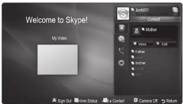 Welcome to Skype! My Video Jonh001 Skype Credit 2.03 EUR Contact Mother Video Call Father later brother uncle son Sign Out Online Status Add a Contact Camera Off Return