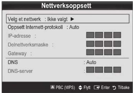 Nettverksoppsett Velg et nettverk : Ikke valgt ► Oppsett Internett-protokoll : Auto IP-adresse : Delnettverksmaske : Gateway : DNS : Auto DNS-server :