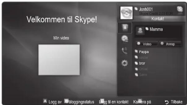 Velkommen til Skype! Min video Jonh001 Skype Credit 2.03 EUR Kontakt Mamma Video Anrop Paapa aoster bror Orival Sorn Logg av Påloggingsstatus Logg til en kontakt Kamera på Tilbake