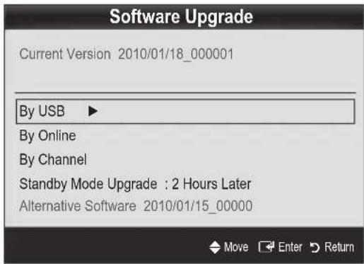 Software Upgrade Current Version 2010/01/18_000001 By USB ▶ By Online By Channel Standby Mode Upgrade : 2 Hours Later Alternative Software 2010/01/15_00000