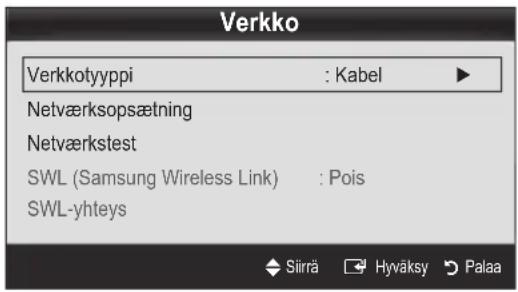 Verkko Verkkotyyppi : Kabel Netværksopsætning Netværkstest SWL (Samsung Wireless Link) : Pois SWL-yhteys Siirä Hyväksy Palaa